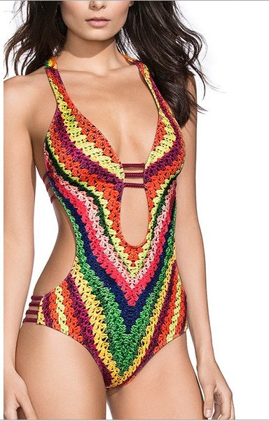Women's One Piece Tropical Printed Swimsuit with Cutouts-Theone Apparel