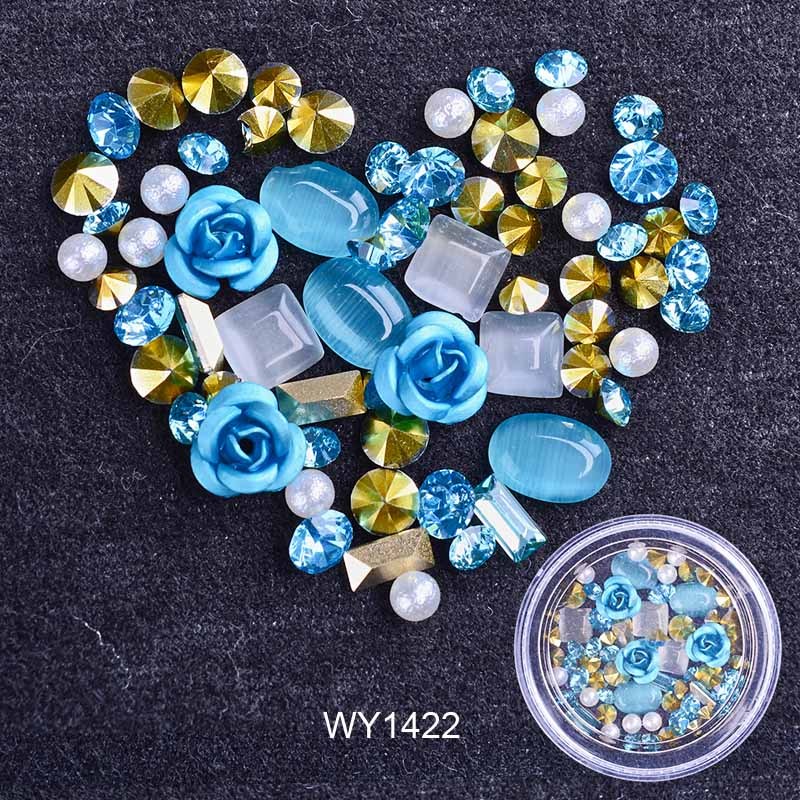 Women's Pink and White Ombre Nail Set with 3D Floral Adornments-Light Blue-Theone Apparel