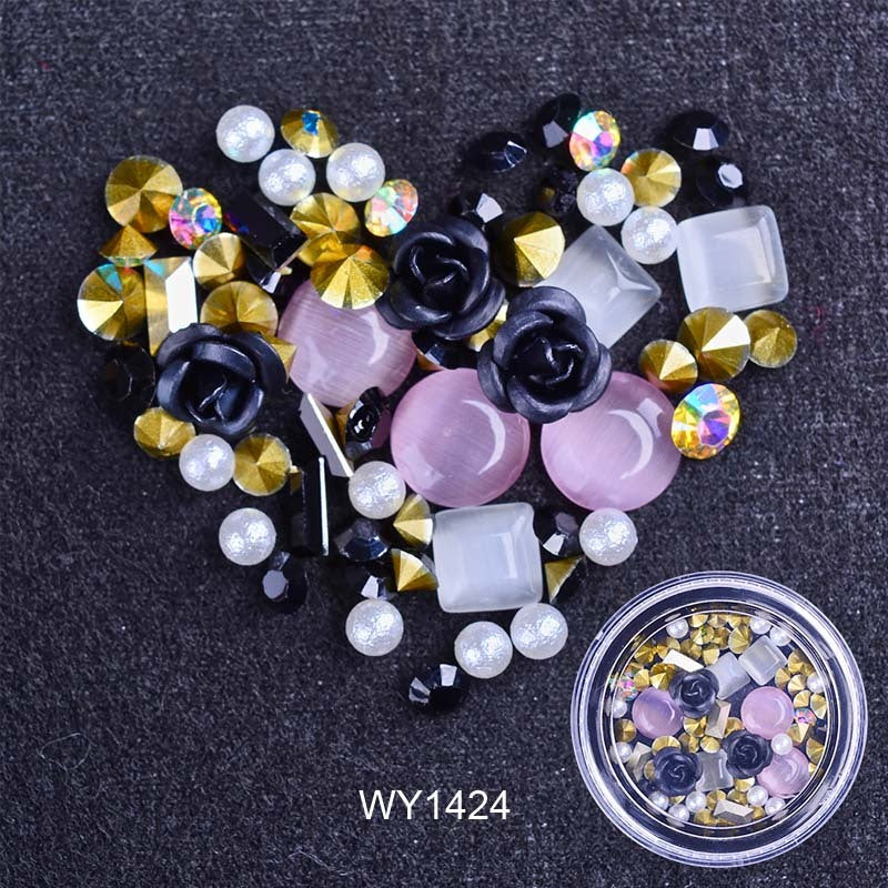 Women's Pink and White Ombre Nail Set with 3D Floral Adornments-Black-Theone Apparel
