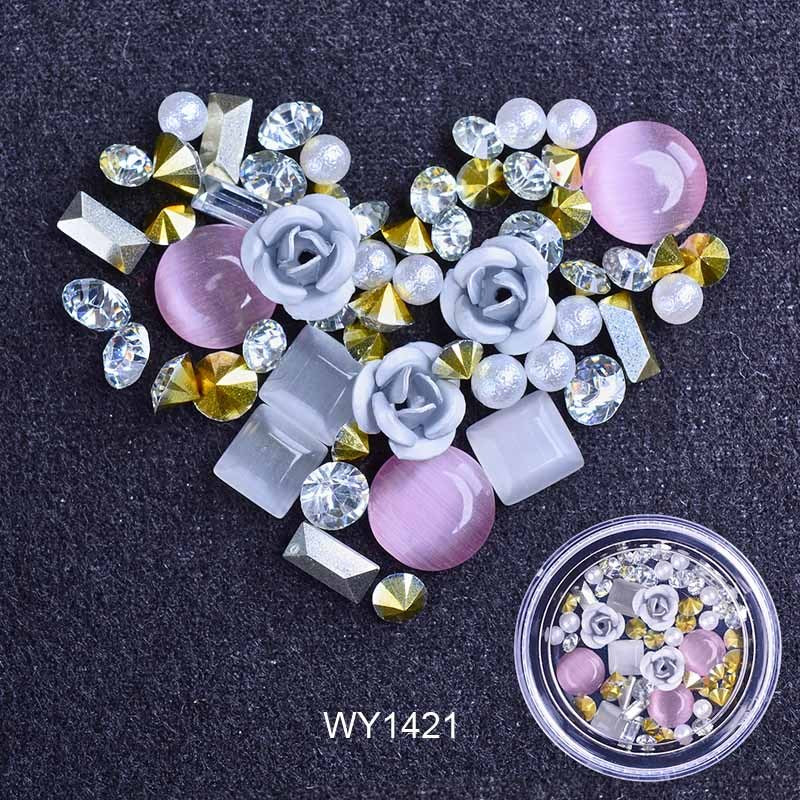 Women's Pink and White Ombre Nail Set with 3D Floral Adornments-White-Theone Apparel