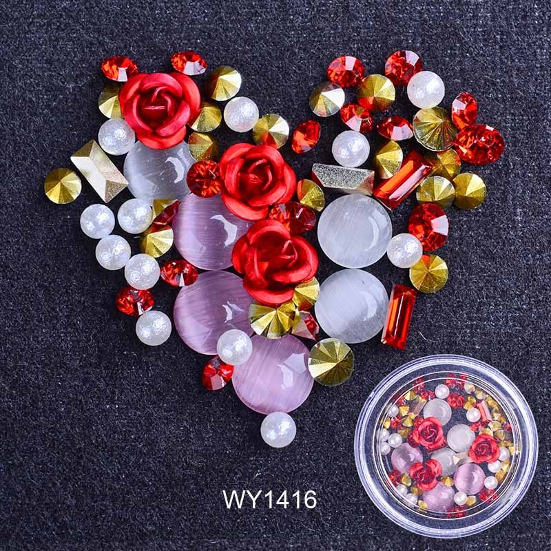 Women's Pink and White Ombre Nail Set with 3D Floral Adornments-Red-Theone Apparel