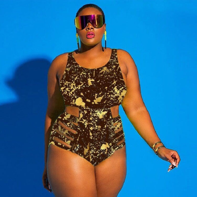 Women's Plus Sized One Piece Swimsuit with Sheer Midriff-Yellow/Black-Theone Apparel