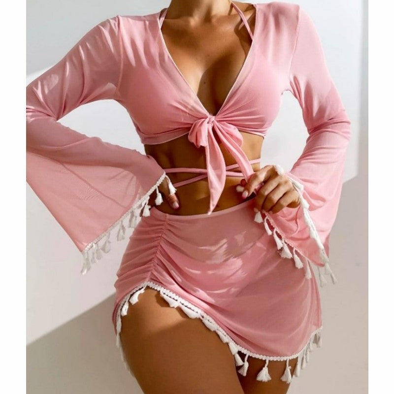 Women's Tassel Fringe Two Piece Long Sleeve Swimsuit Coverup-Pink-Theone Apparel