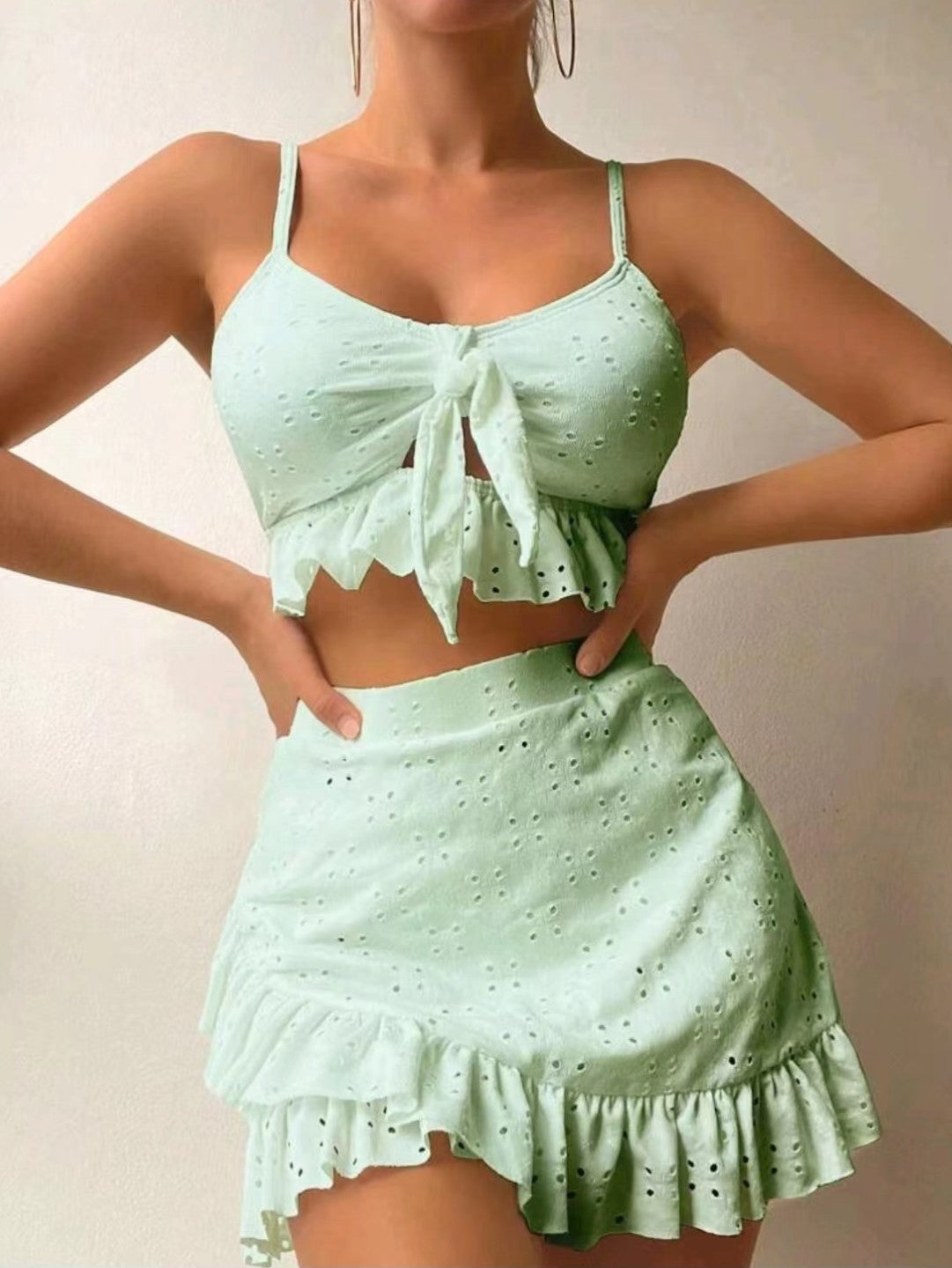 Women's Three Piece Bikini Set with Hip-Hugging Skirt-Turquoise-Theone Apparel
