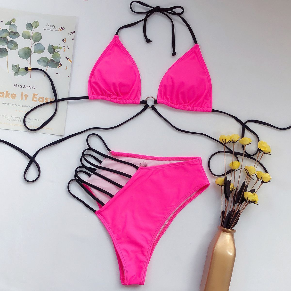 Women's Two Piece Solid Color Bikini with Strappy Hips-Theone Apparel