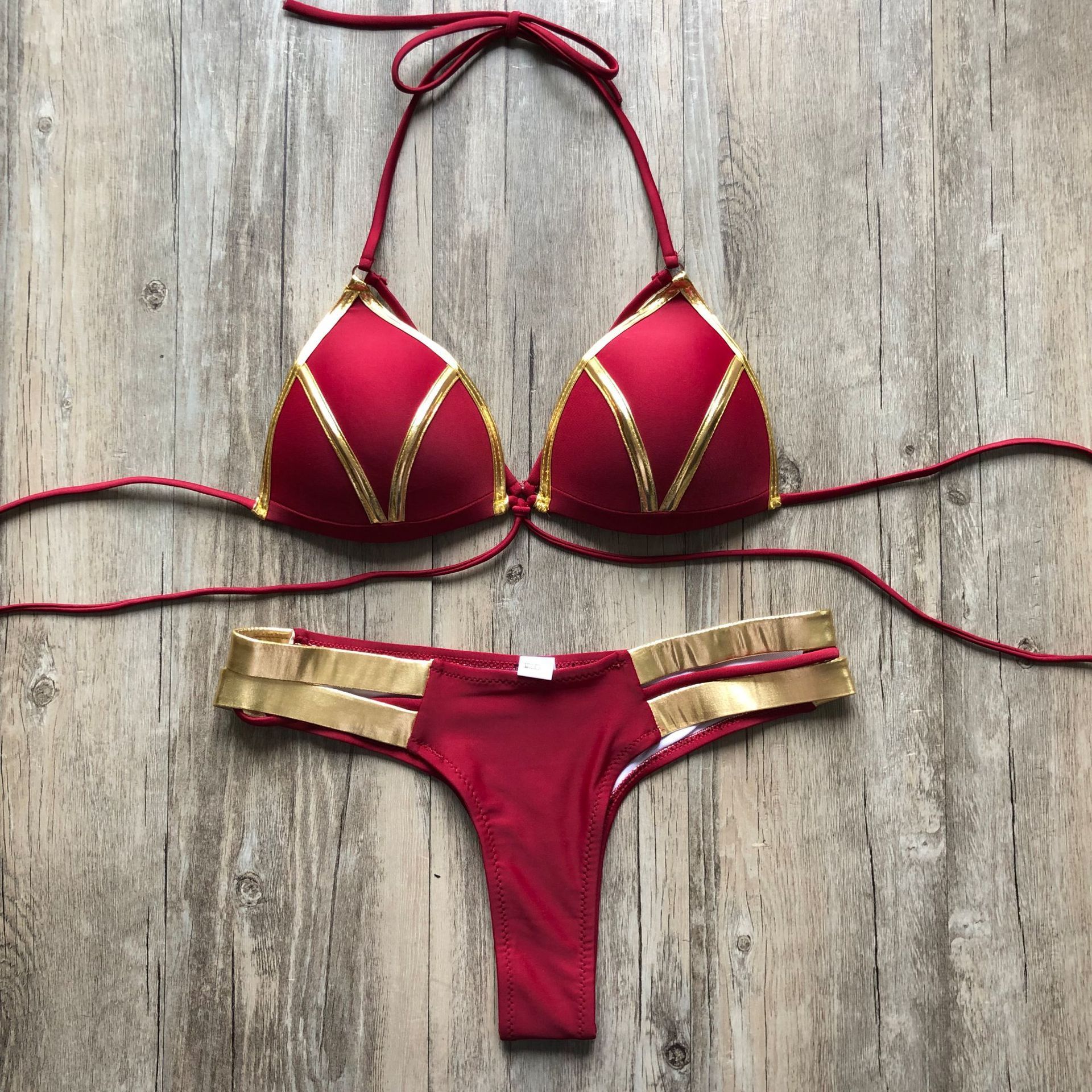 Women's Two Piece Strappy Bikini with Waist Ties-Maroon-Theone Apparel
