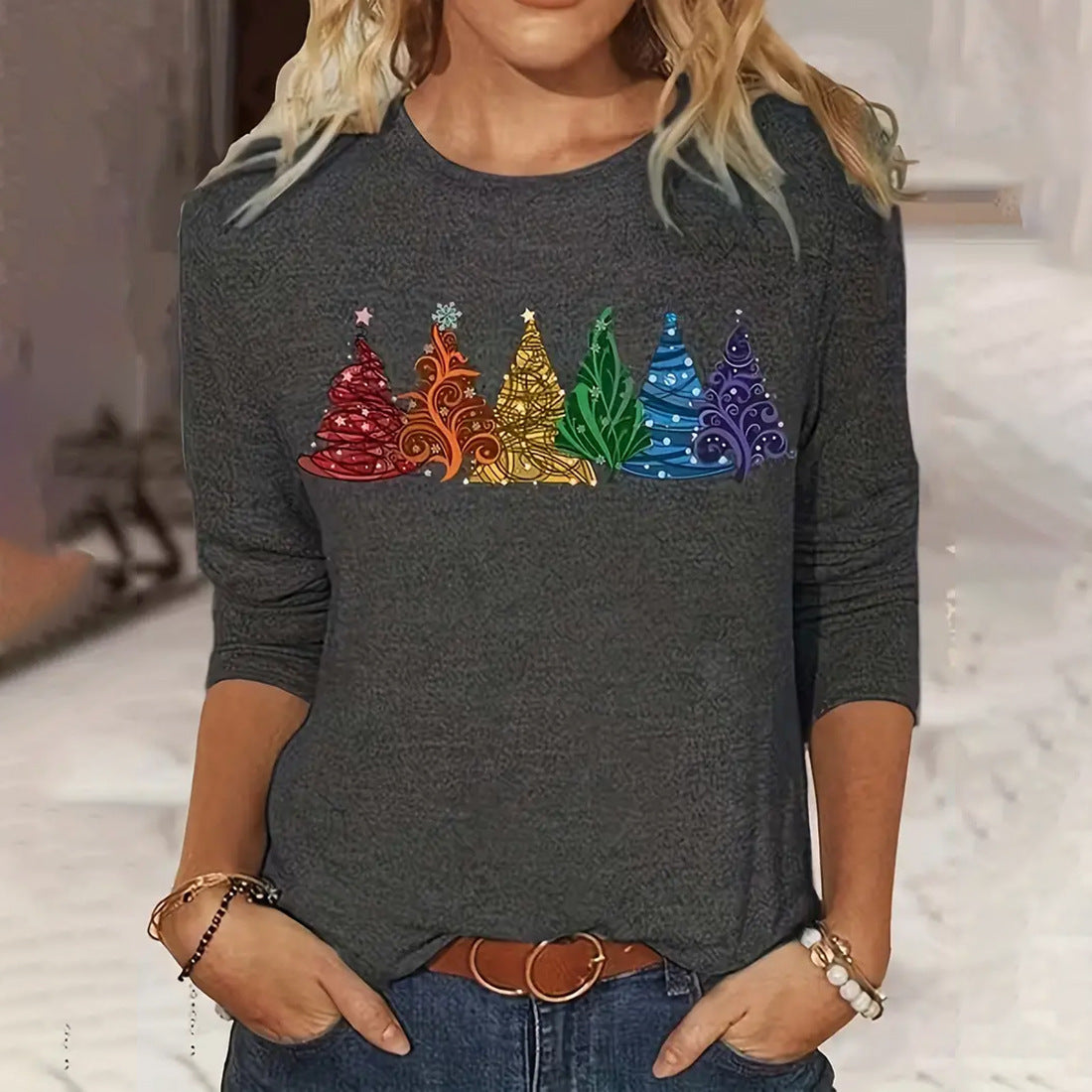 Women's Lightweight Long Sleeve Christmas Shirt with Rainbow Christmas Trees