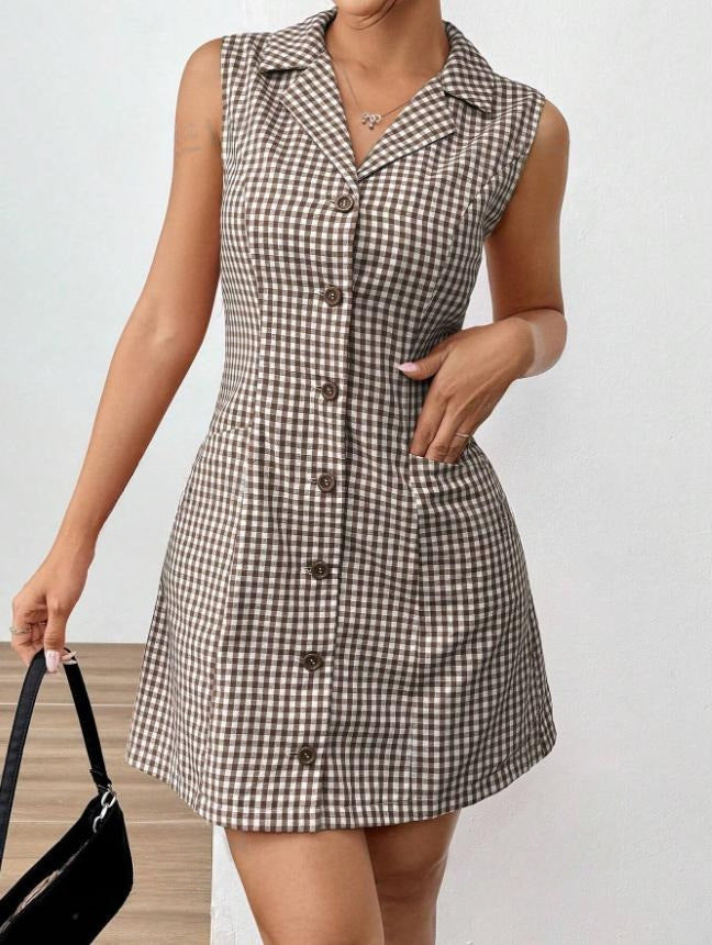Chic French Plaid Plaid Lapel -Kleid mit Vintage Retro Allure
