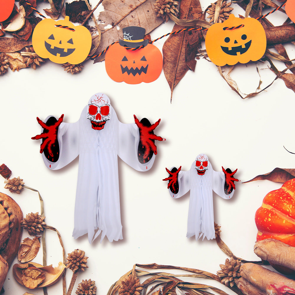 Whimsical Sheet Ghost Halloween Decoration with Red Skull and Hands