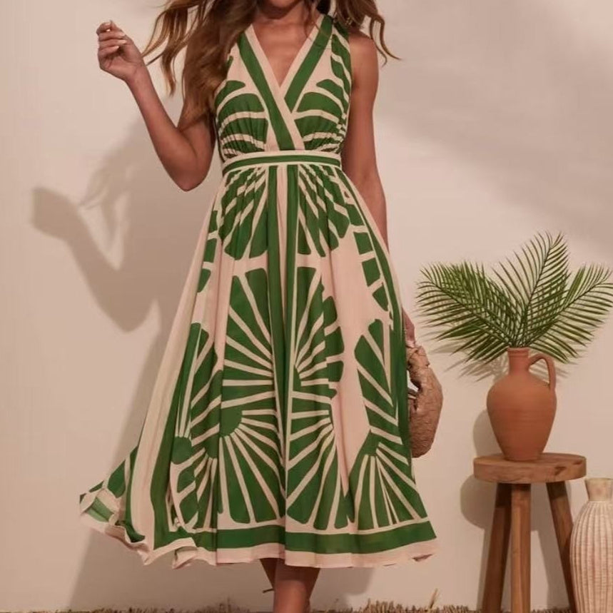 Positioned print v-neck backless jurk voor zomer soirées