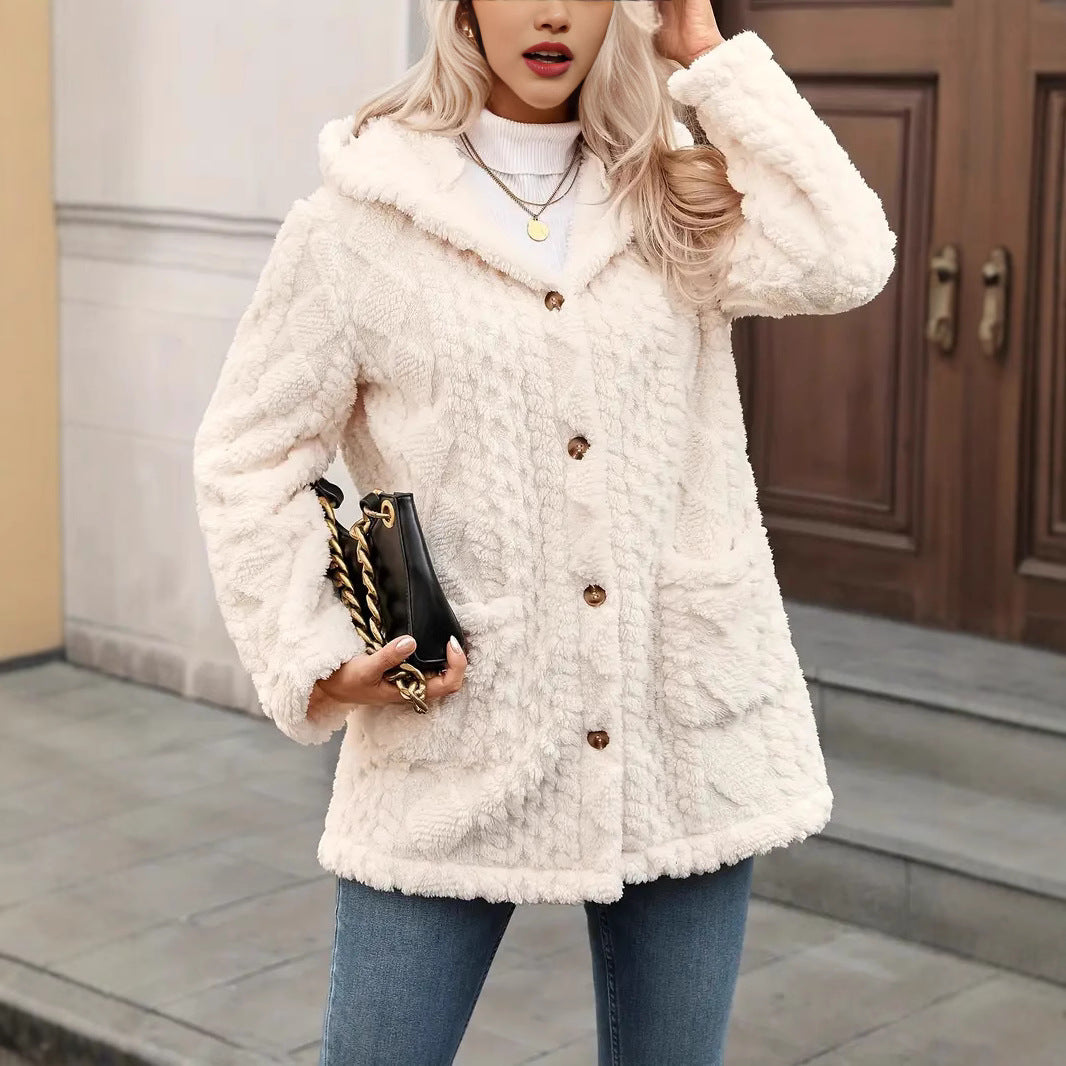 Beige Faux-Fur Lapel Coat For Women Elegant