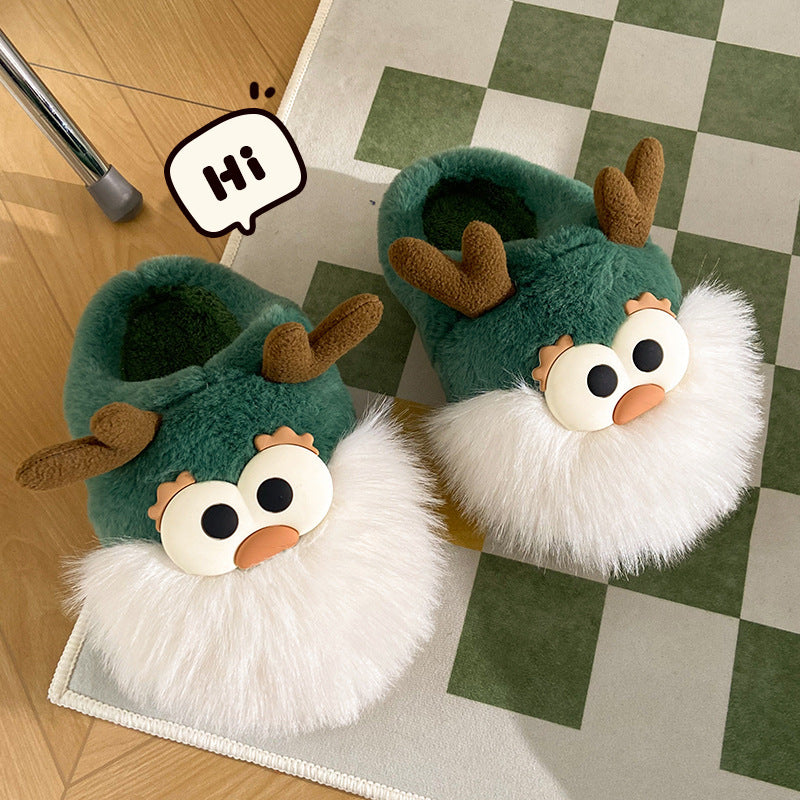 Whimsical Reindeer Santa Claus themed Green and White Slippers