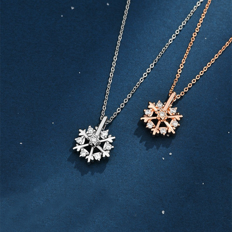 925 SIlver Glamorous Rhinestone Spinning Snowflake Women's Chain Pendant Necklace in Assorted Finishes