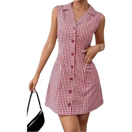 Chic French Plaid Plaid Lapel -Kleid mit Vintage Retro Allure