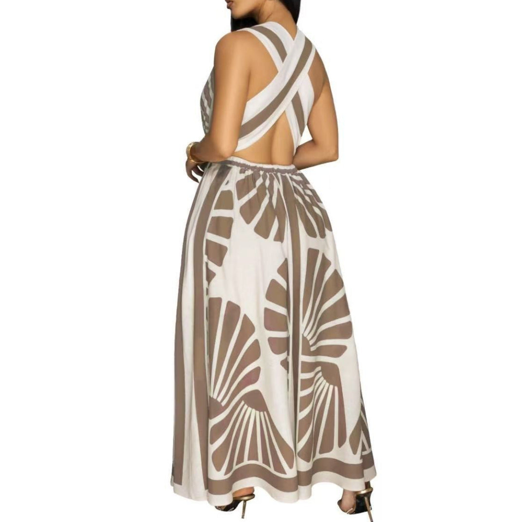 Positioned print v-neck backless jurk voor zomer soirées