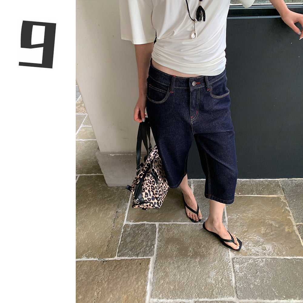 Red Stitch Straige-Leg Denim Pants untuk Lapisan Musim Semi