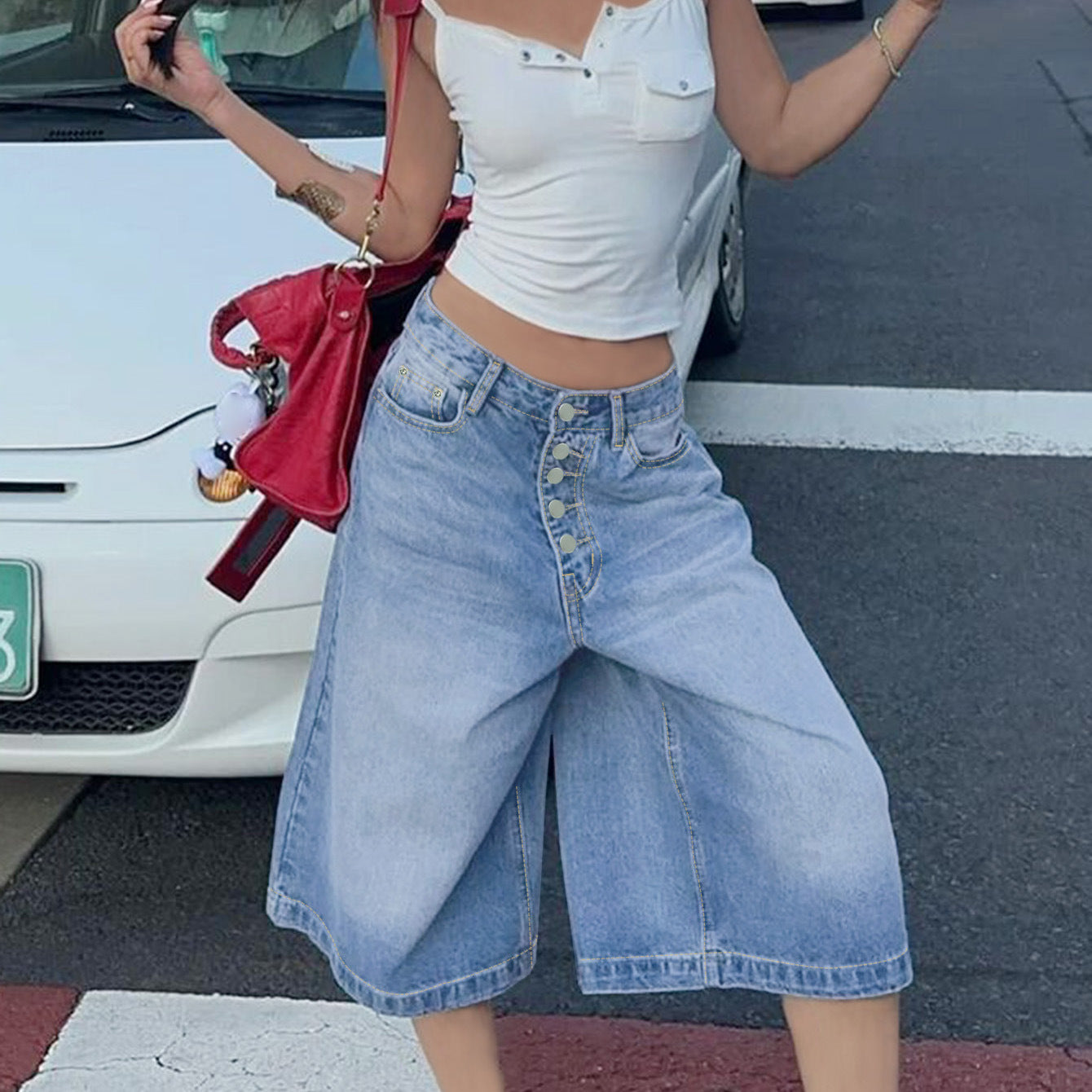 High-Waisted Multi-Breasted Denim Shorts with Modern Edge