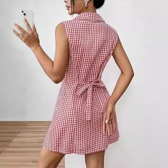 Chic French Plaid Plaid Lapel -Kleid mit Vintage Retro Allure