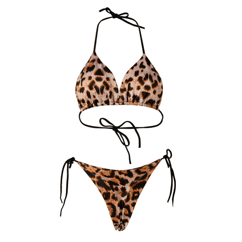 Solid Color Lace-Up Bikini with T-Back Chest Padding