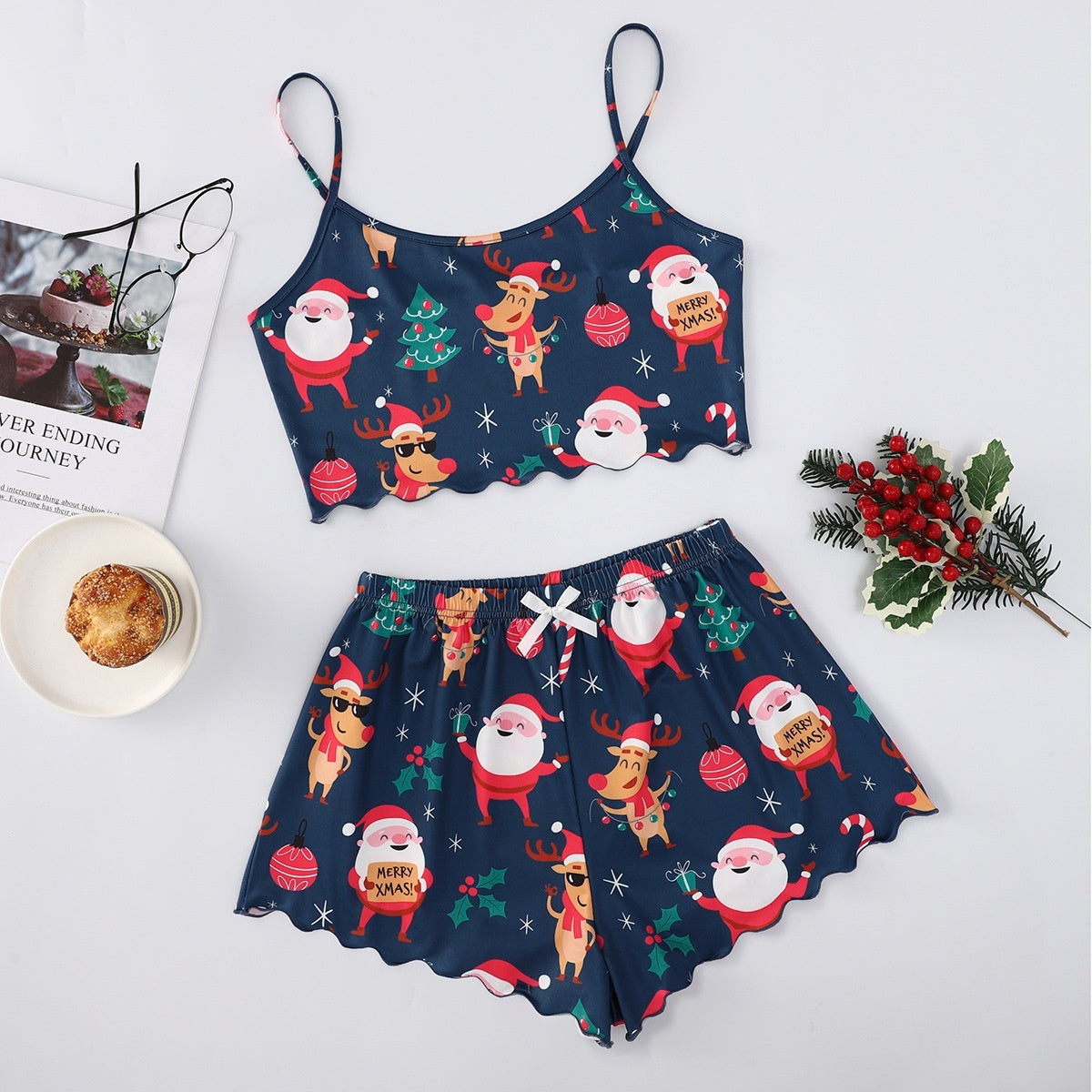 Women's Adorable Two Piece Christmas Pajama Crop Top and Shorts Set