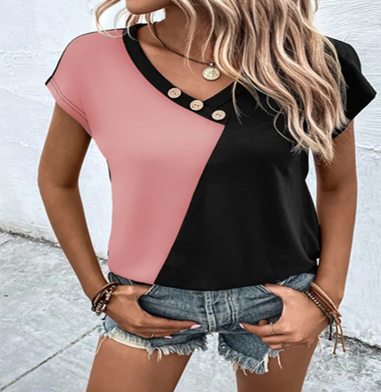 Women's Color-blocked Casual Short Sleeve Top