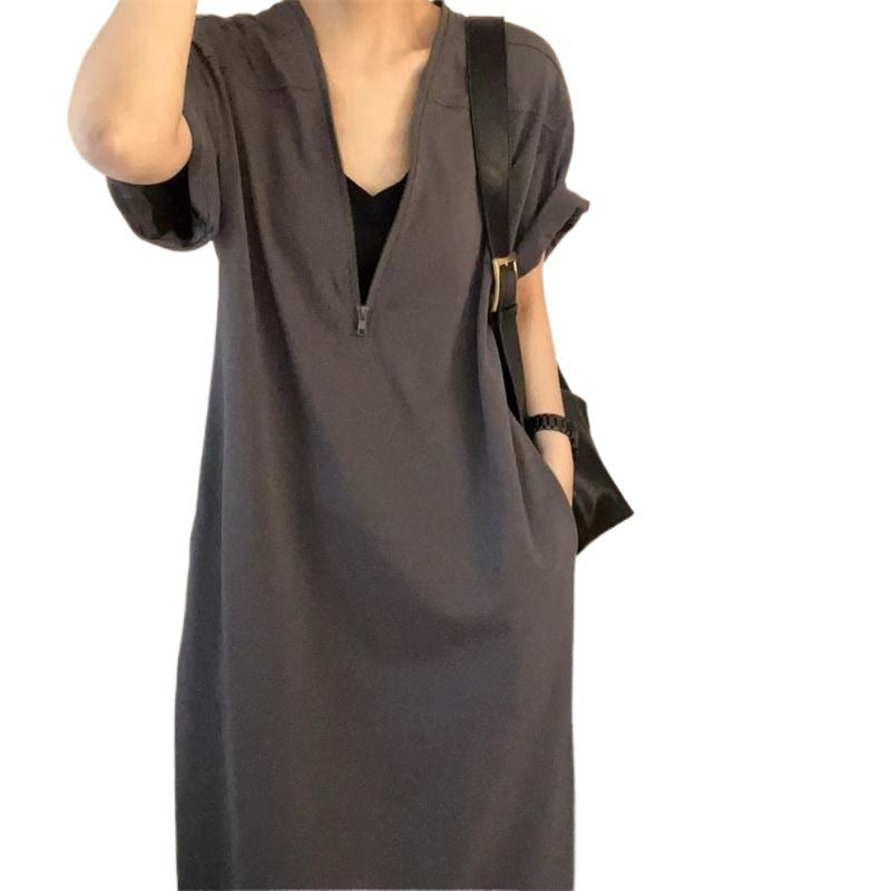 Gaun gaya hepburn retro premium dengan penutupan ritsleting