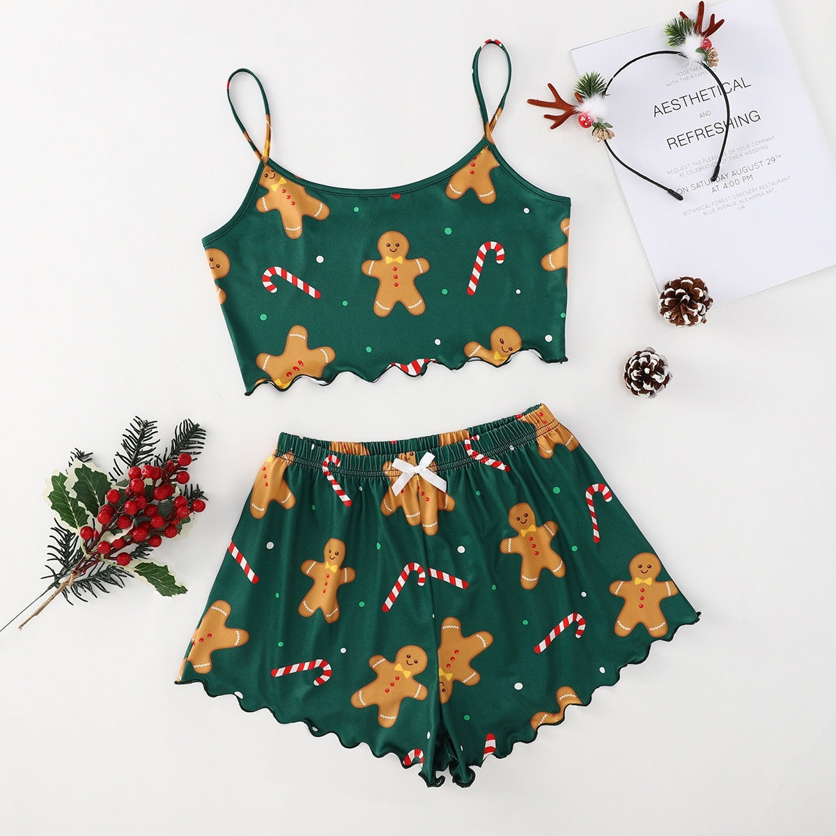 Women's Adorable Two Piece Christmas Pajama Crop Top and Shorts Set