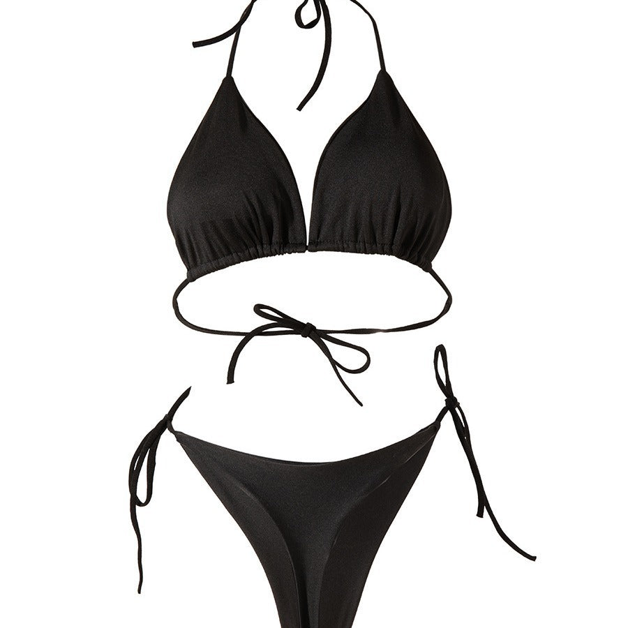 Solid Color Lace-Up Bikini with T-Back Chest Padding