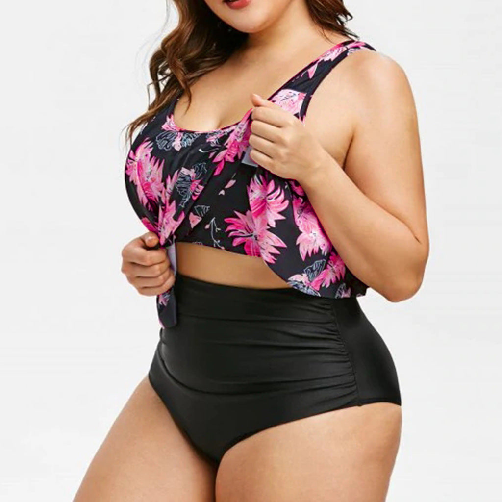 High-Waist Lotus Print One-Piece Swimsuit for Elegant Flair