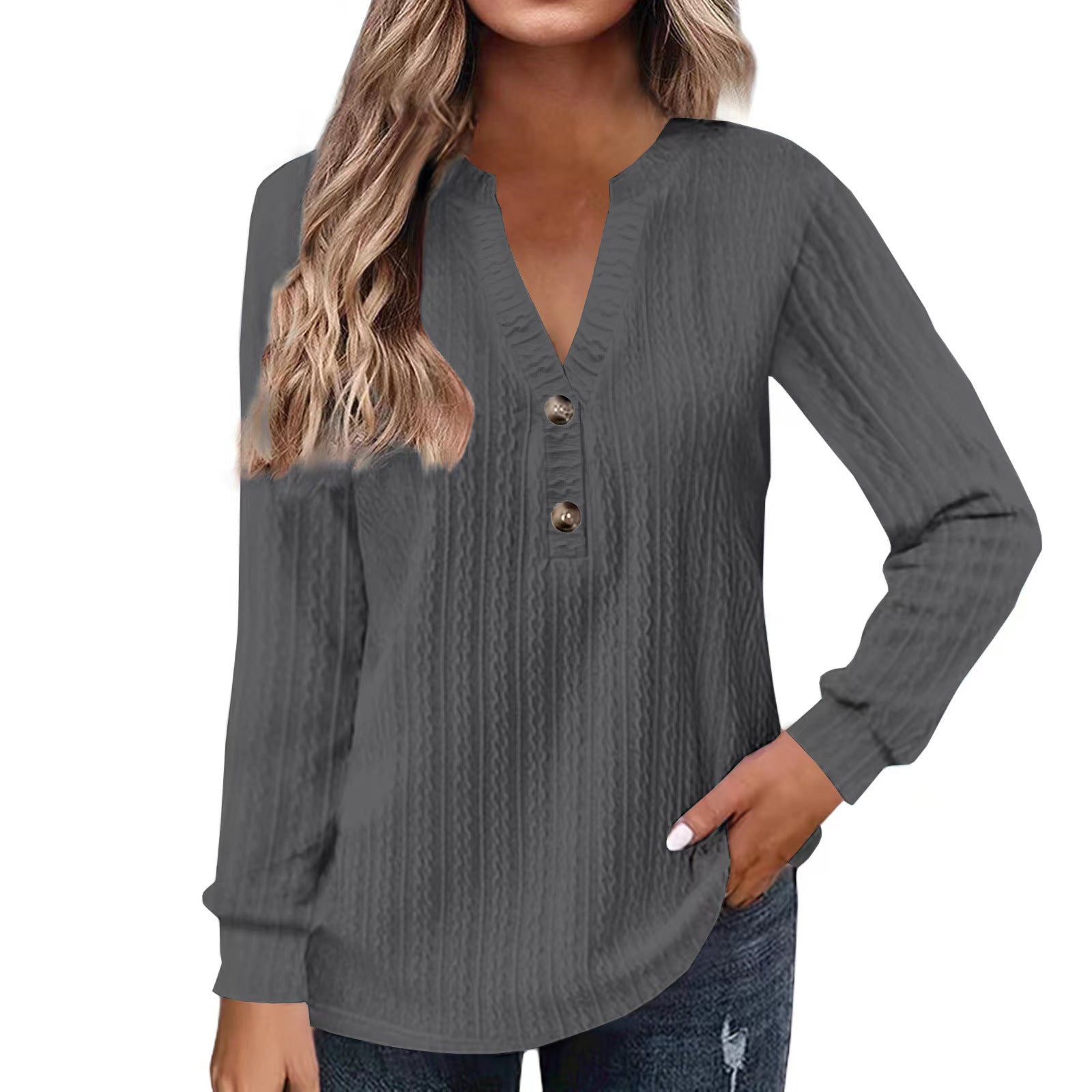 Women's Solid-color Long-sleeve V-neck Button T-shirt Top