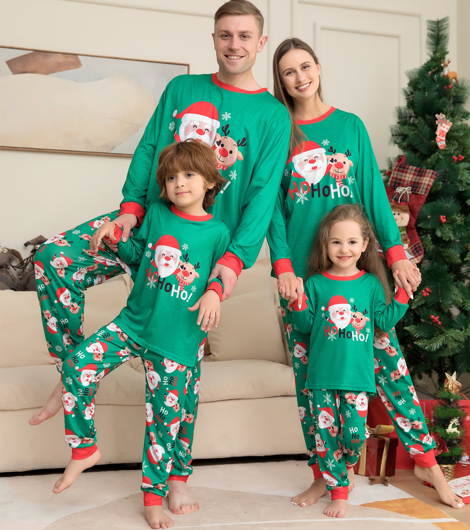 Ho Ho Ho Green and Red Matching Family Christmas Pajama Set