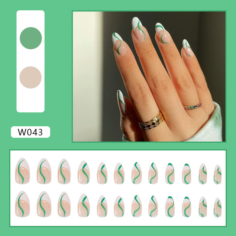 Women's Nude Almond Nail Set with Black Accent Details