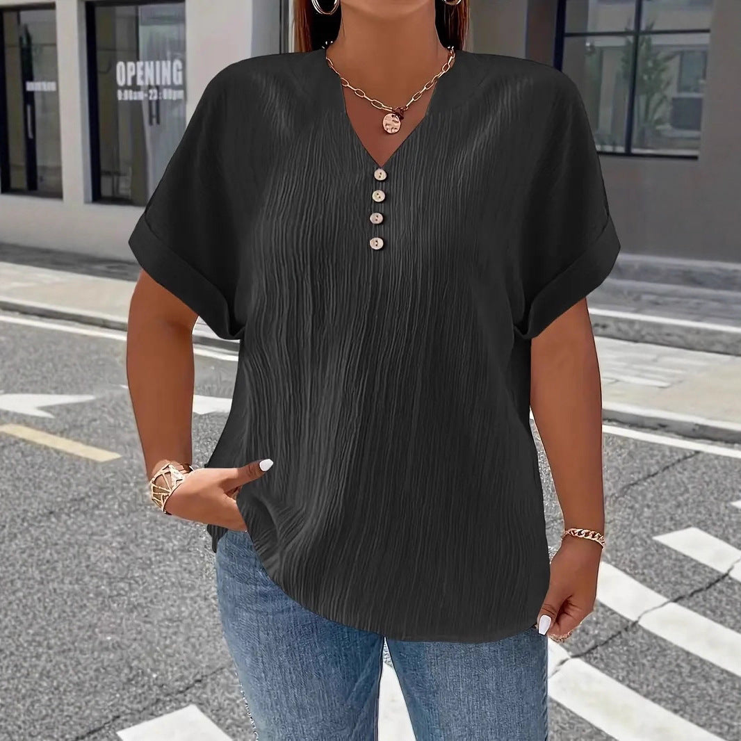 Summer Casual Women's Clothing Small V-neck Short-sleeve Top