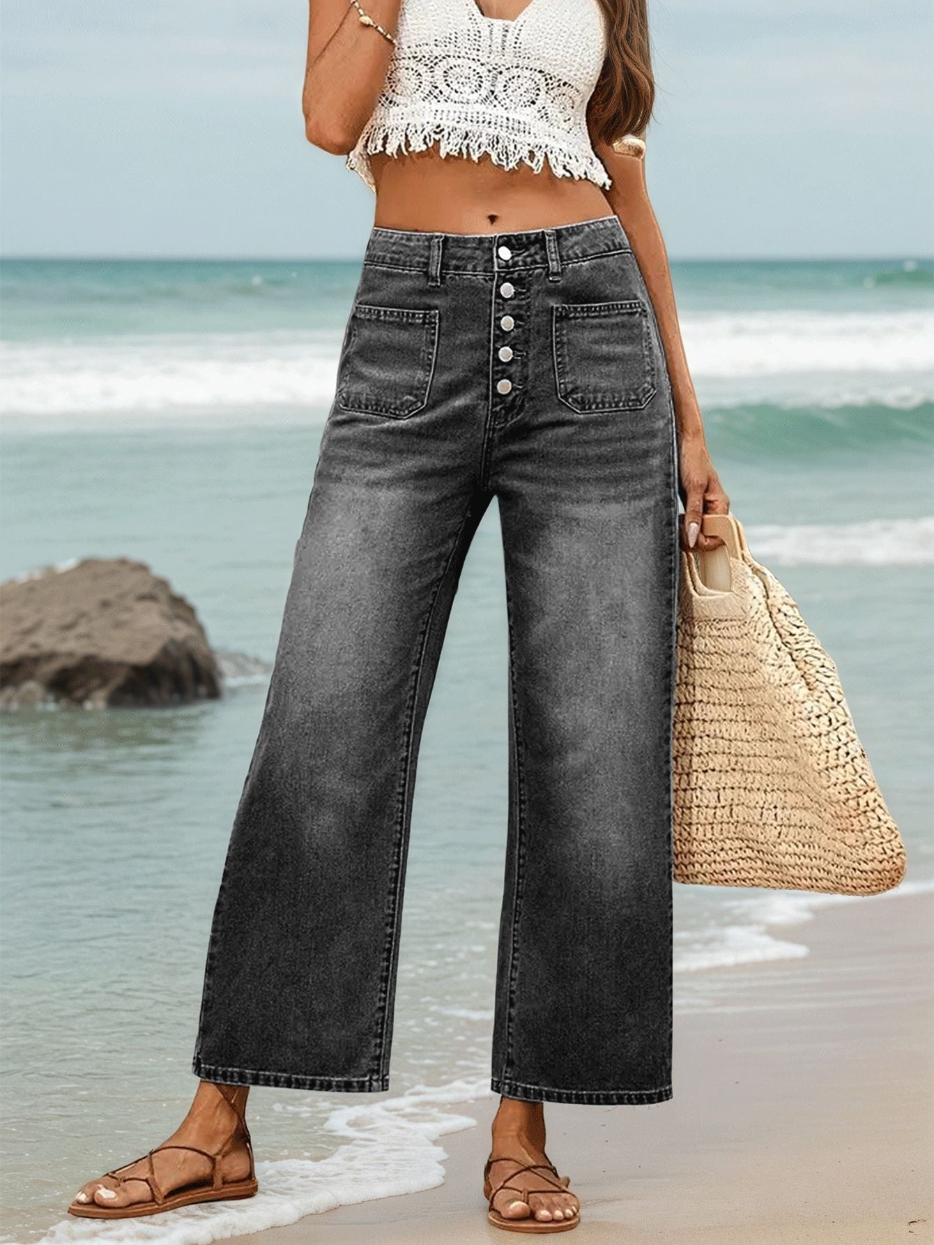 Button Elastic Loose Denim Shorts