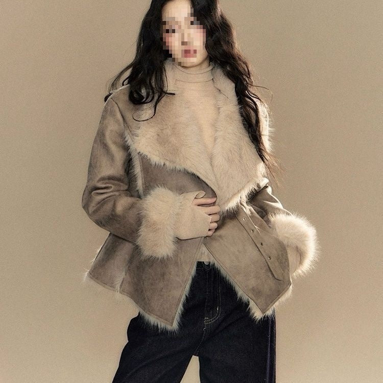 Suede Fur Trimmed Short Coat For Women