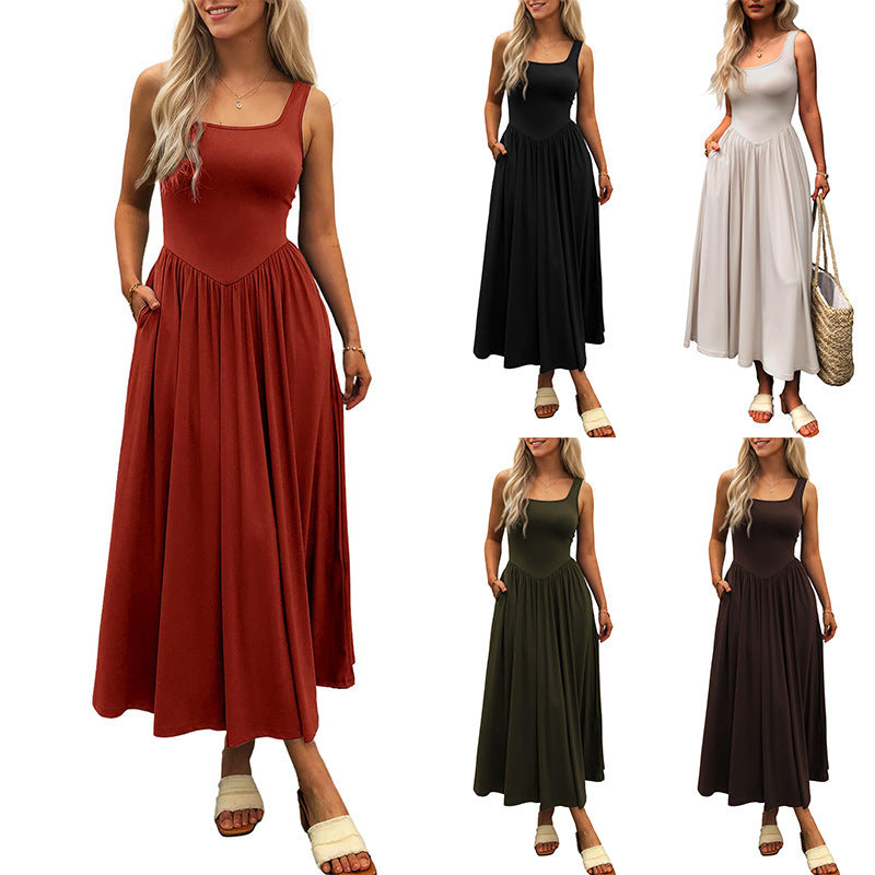 Faltenkleid mit quadratischen Kragen mit moderner Schlinge Silhouette