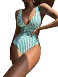 Women's One Piece Pinstripe Swimsuit with Low Cut Neck