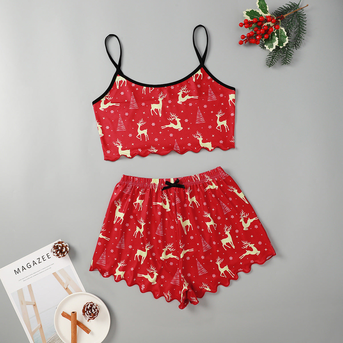 Women's Adorable Two Piece Christmas Pajama Crop Top and Shorts Set