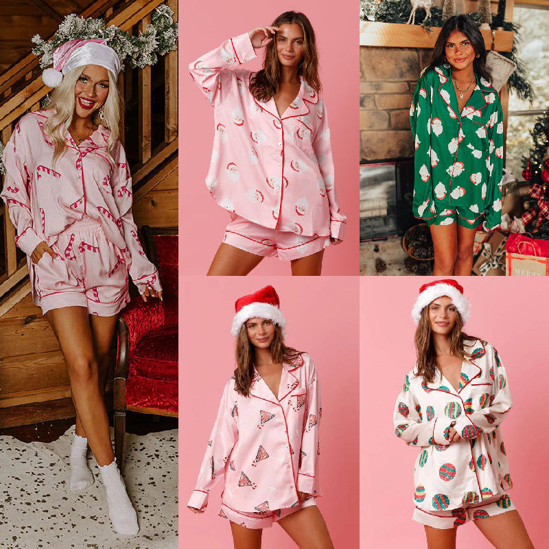 Women's Shirt and Shorts Two Piece Christmas Pajama Set in Various Colors