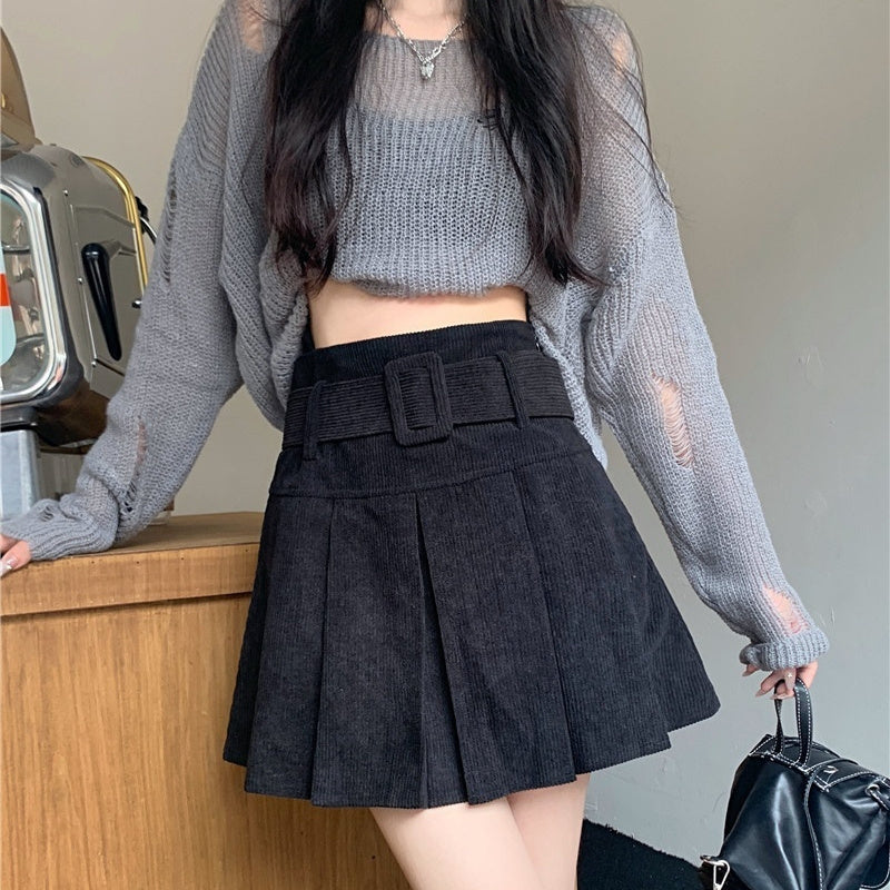 Anti Exposure Figure Flattering High Waisted Pleated Corduroy Skirt