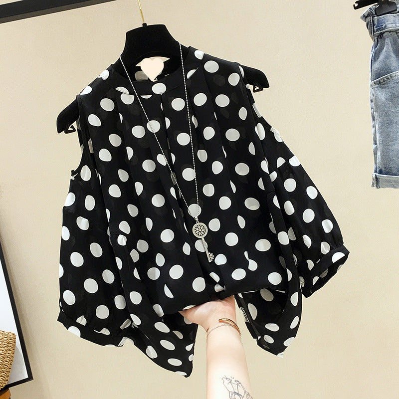 Loose-fitting Figure-flattering Polka-dot Off-shoulder Short-sleeve Chiffon Blouse