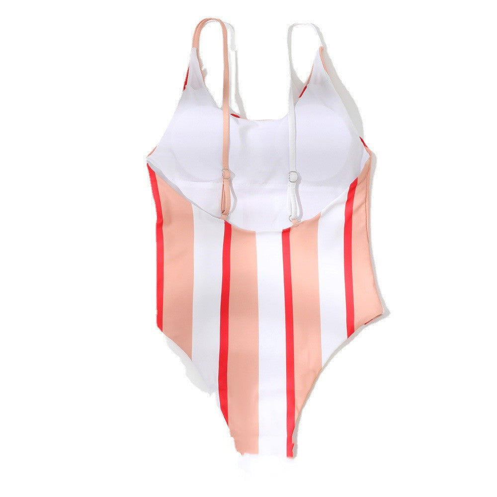 Women's One Piece Orange and Red Vertical Stripe Swimsuit