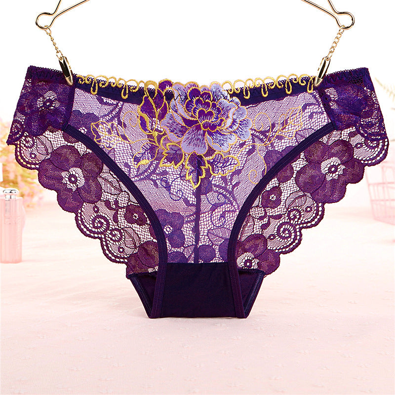 See Through Floral Lace and Embroidery Briefs Panties