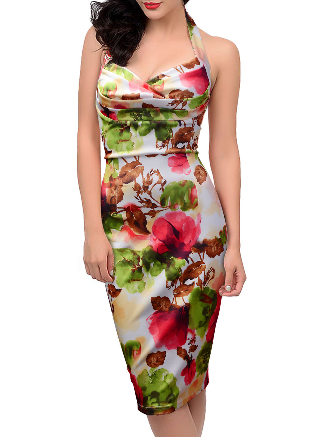 Floral Pleated Bodice Halter Dress