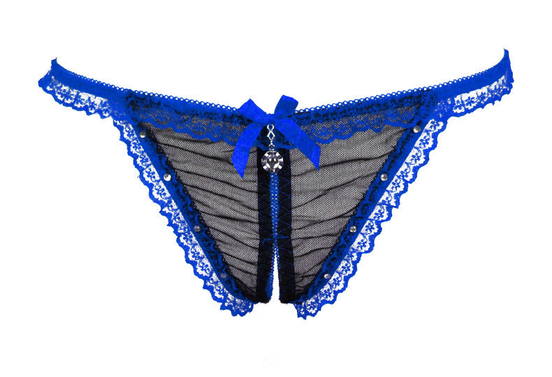 Lace and Mesh Cutout Front Jeweled Thongs