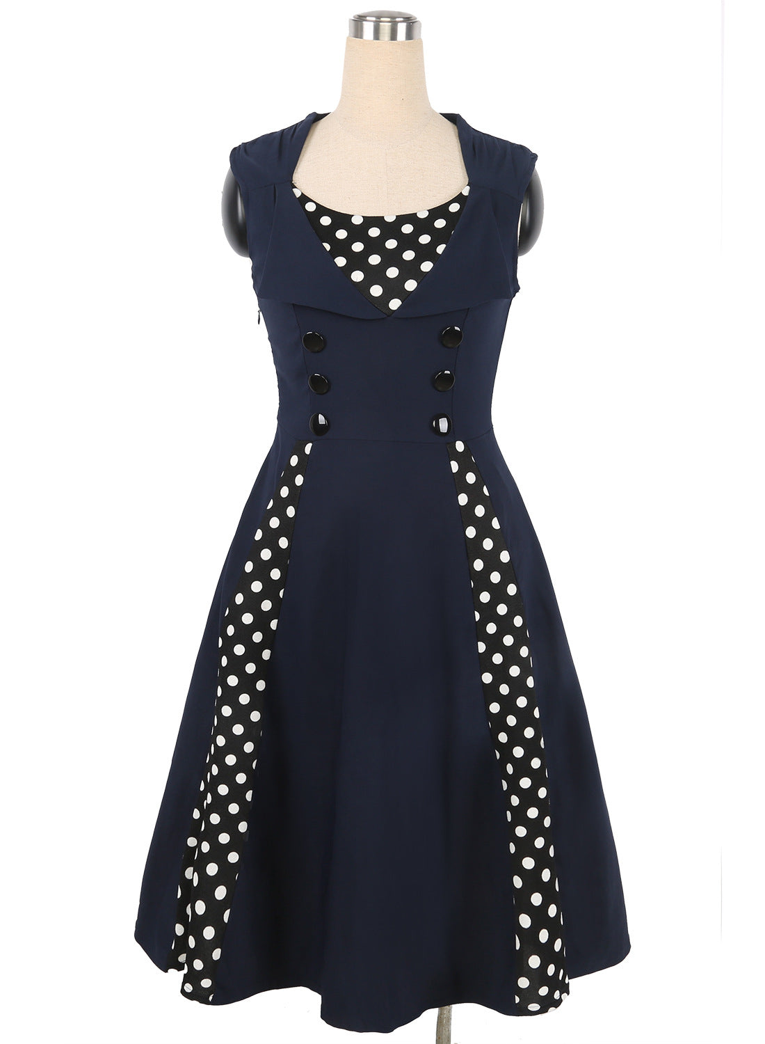 Ärmelloses Kleid mit Polka Dot-Kontrastknöpfen und Akzenten