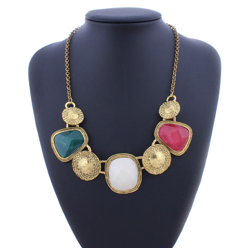 Geometric Retro Gemstone Statement Necklace