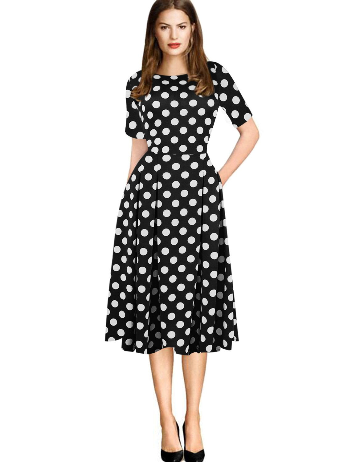 Patterned Half-Sleeve Knee-Length A-Line Dress