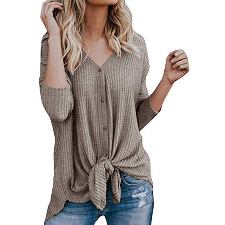 Waffle Knit Tie-Hem Button-Up Tunic