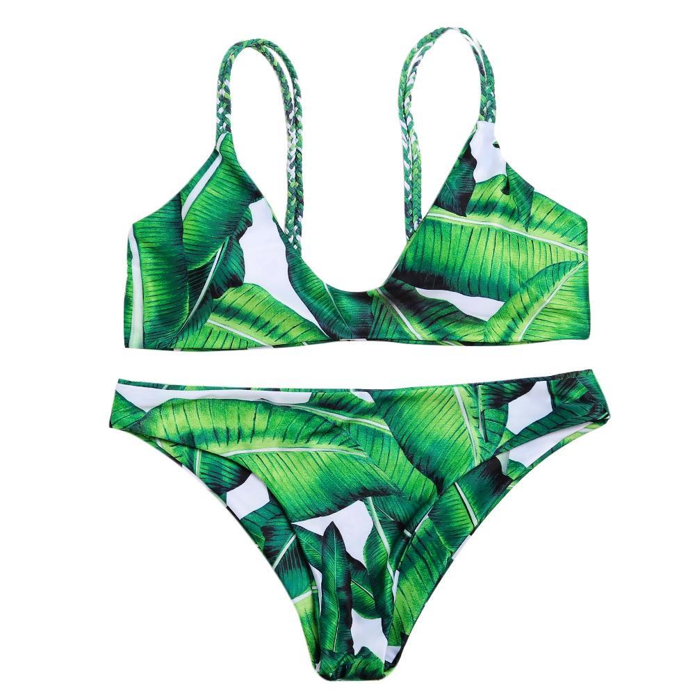 Bikini strap spaghetti cetak daun